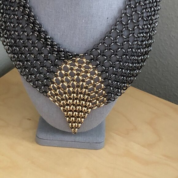 Maximalist Gunmetal & Bronze Chainmail Style Fringe Bib Statement Necklace - Picture 3 of 6